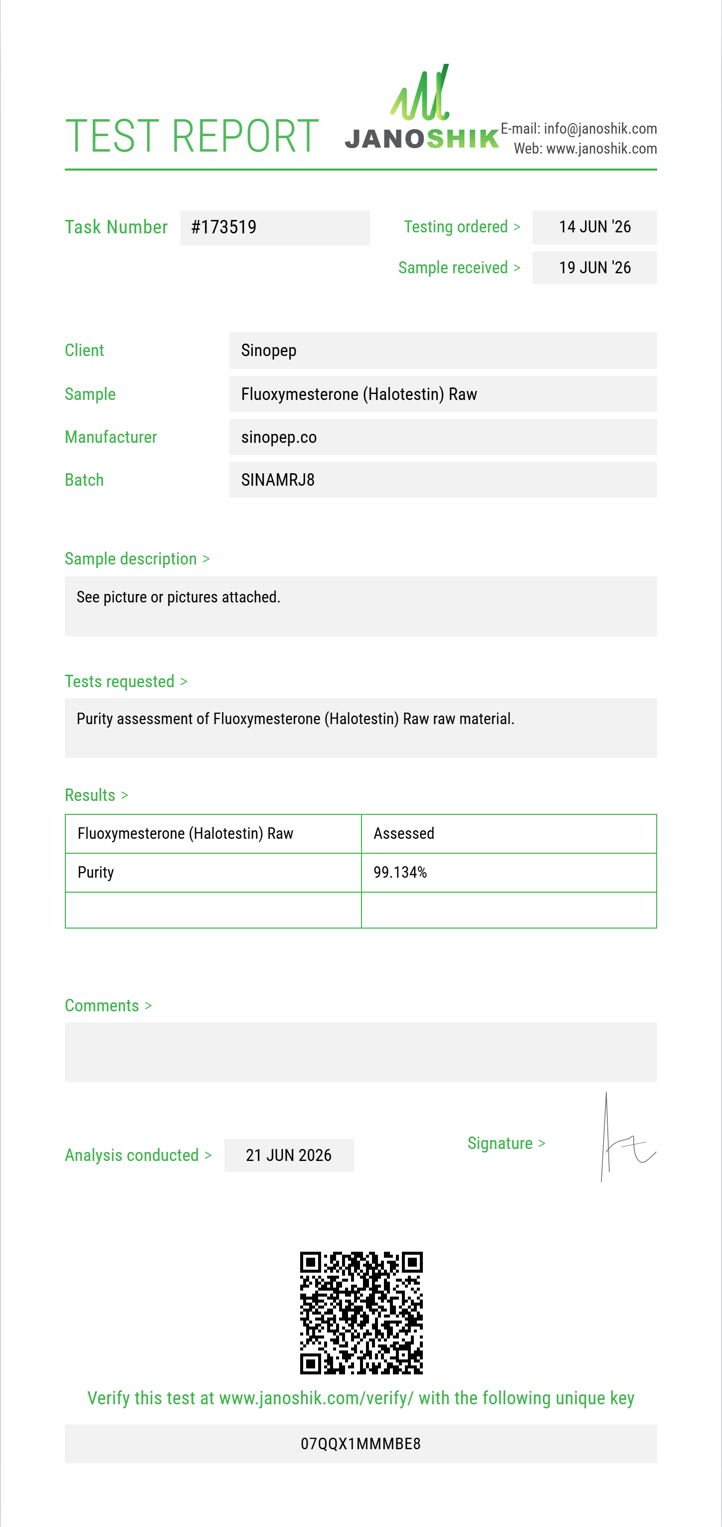 Fluoxymesterone (Halotestin) Raw Purity (HPLC) report by Janoshik Analytical