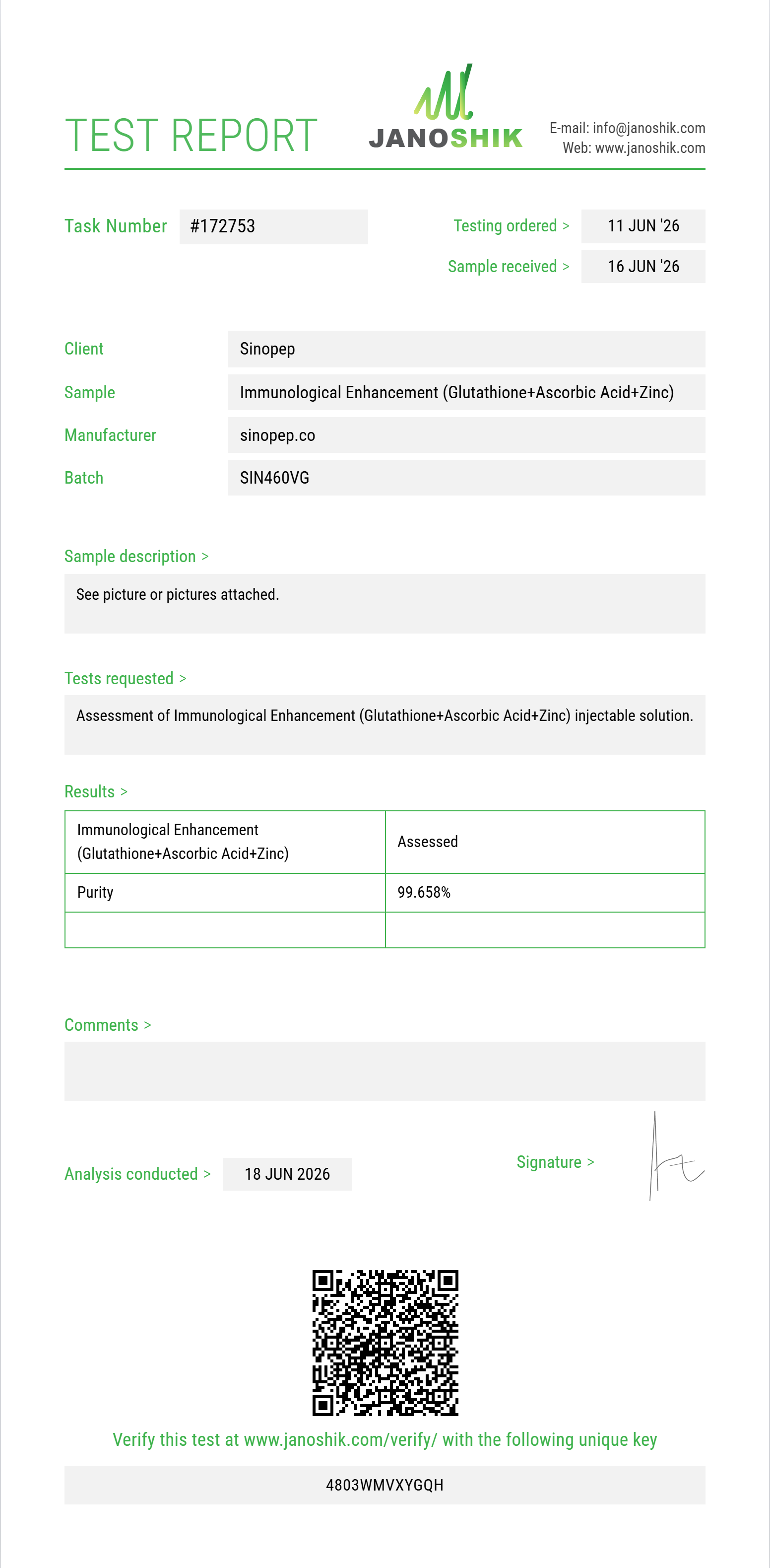 Immunological Enhancement (Glutathione 200mg+Ascorbic Acid 200mg+Zinc Sulfate 2.5mg) Purity (HPLC) report by Janoshik Analytical