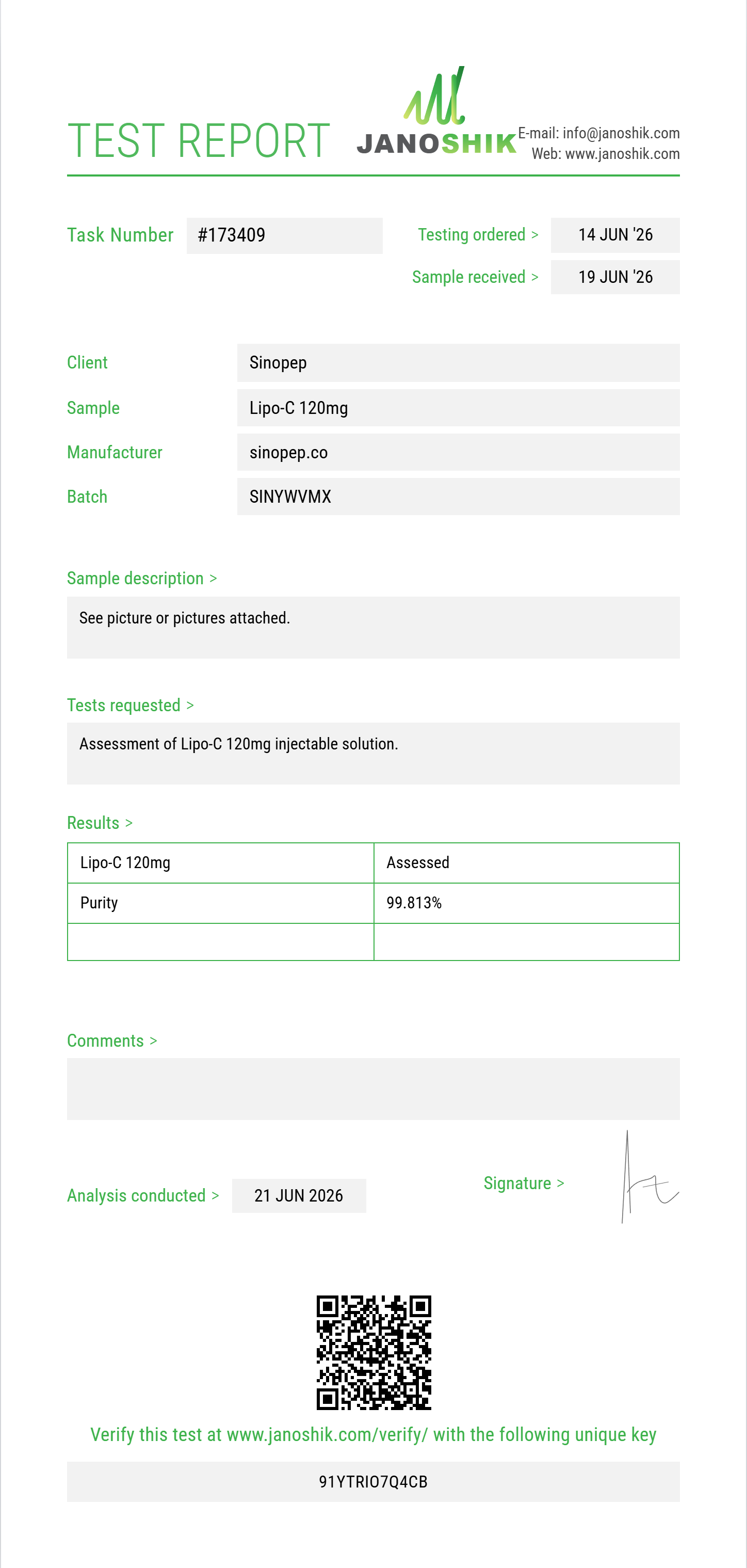 Lipo-C 120mg Purity (HPLC) report by Janoshik Analytical