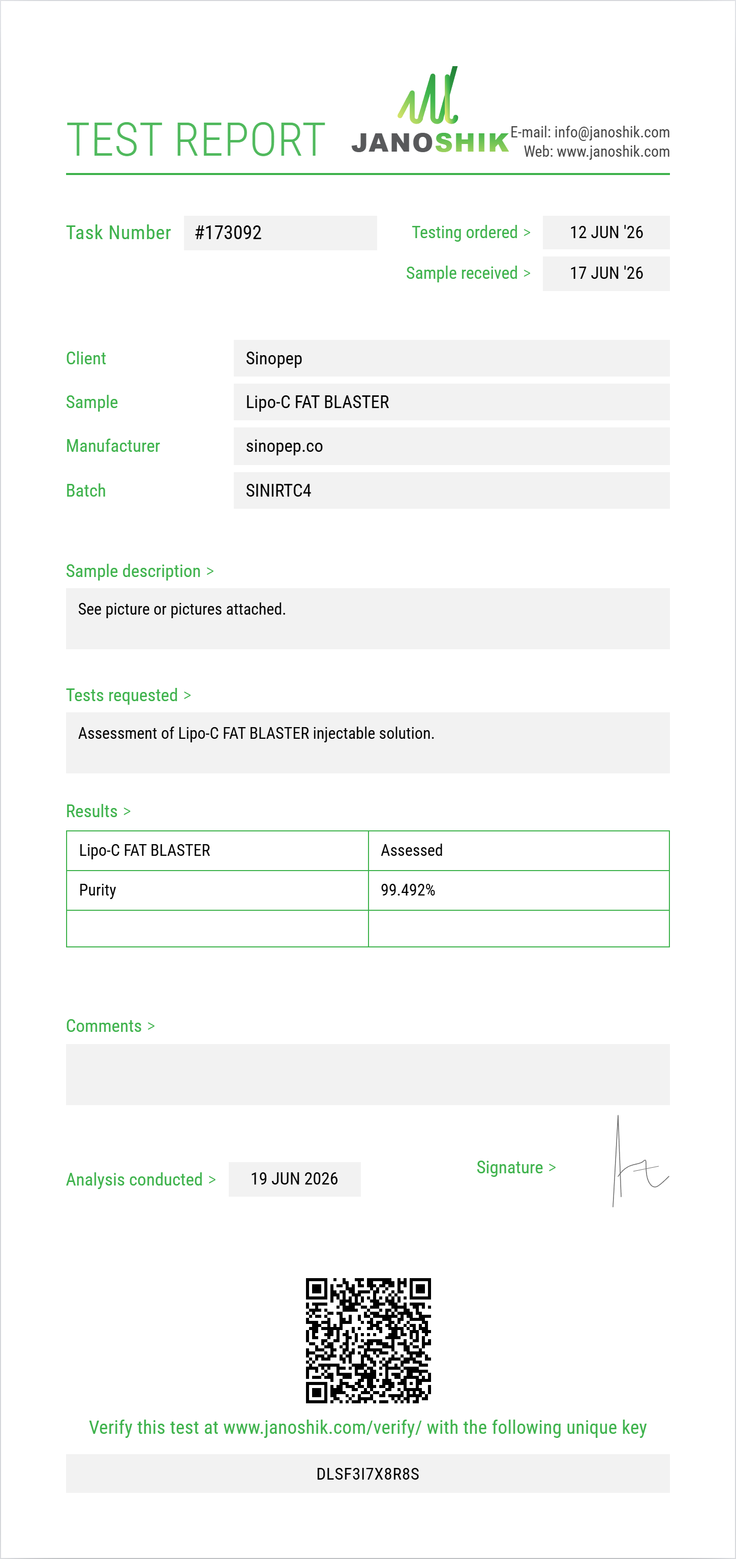 Lipo-C FAT BLASTER Purity (HPLC) report by Janoshik Analytical