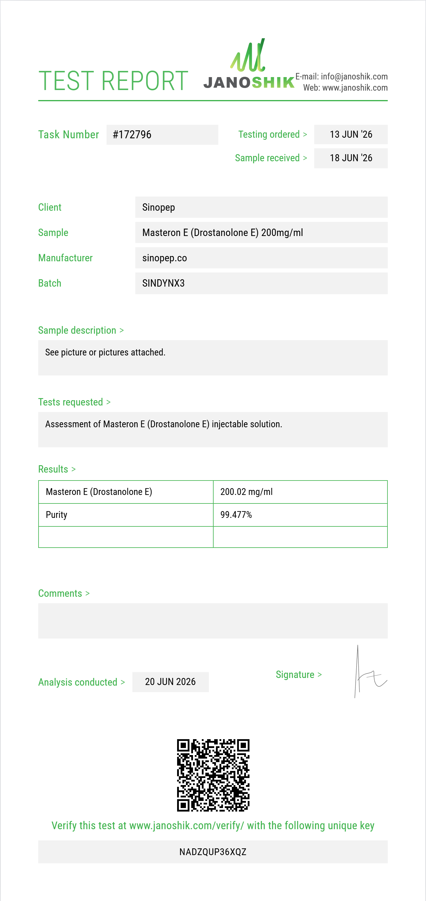 Masteron E (Drostanolone E) Purity (HPLC) report by Janoshik Analytical