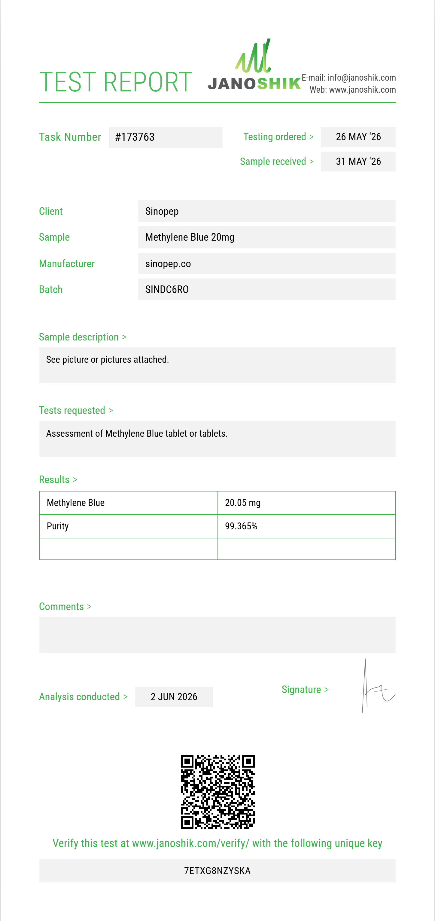 Methylene Blue Purity (HPLC) report by Janoshik Analytical