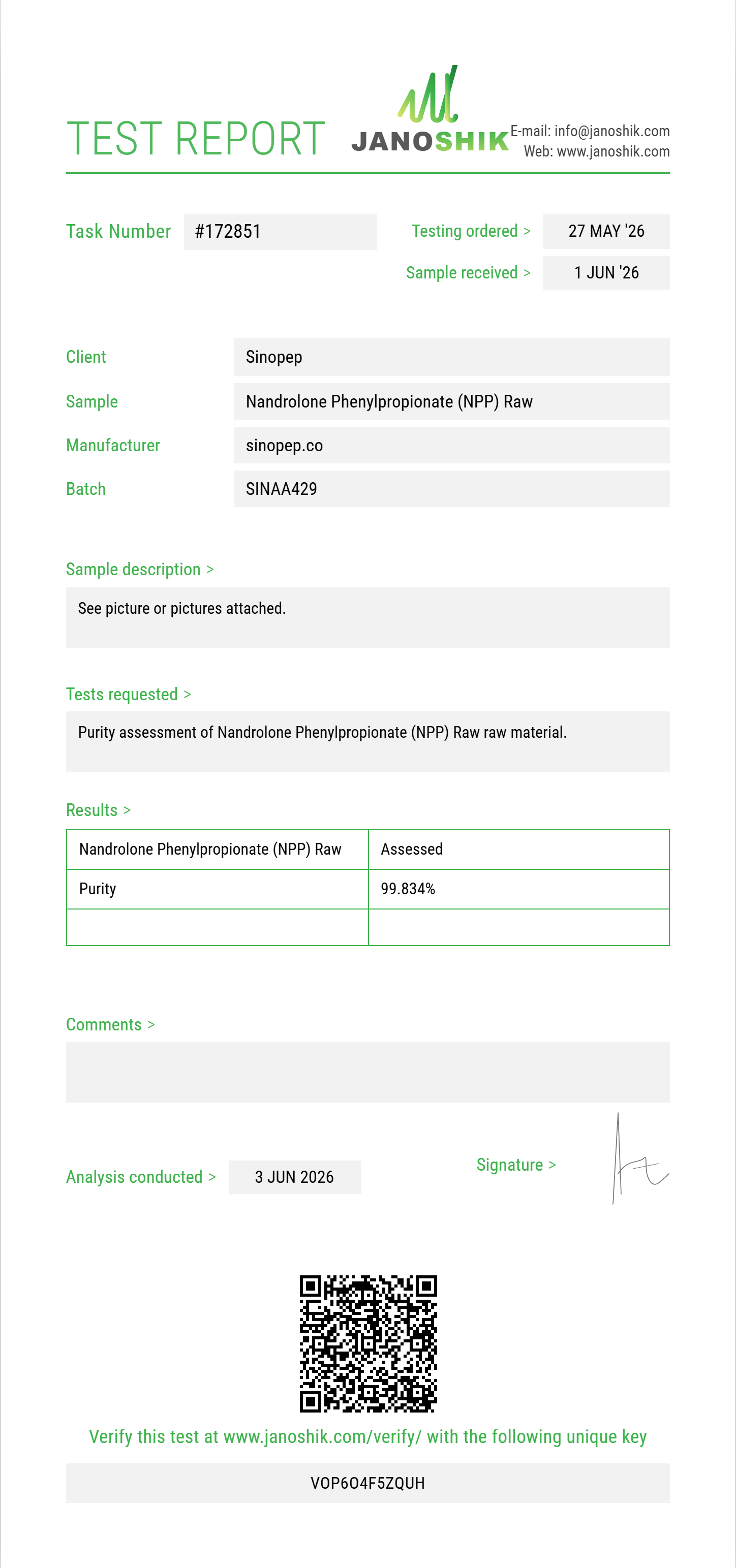 Nandrolone Phenylpropionate (NPP) Raw Purity (HPLC) report by Janoshik Analytical