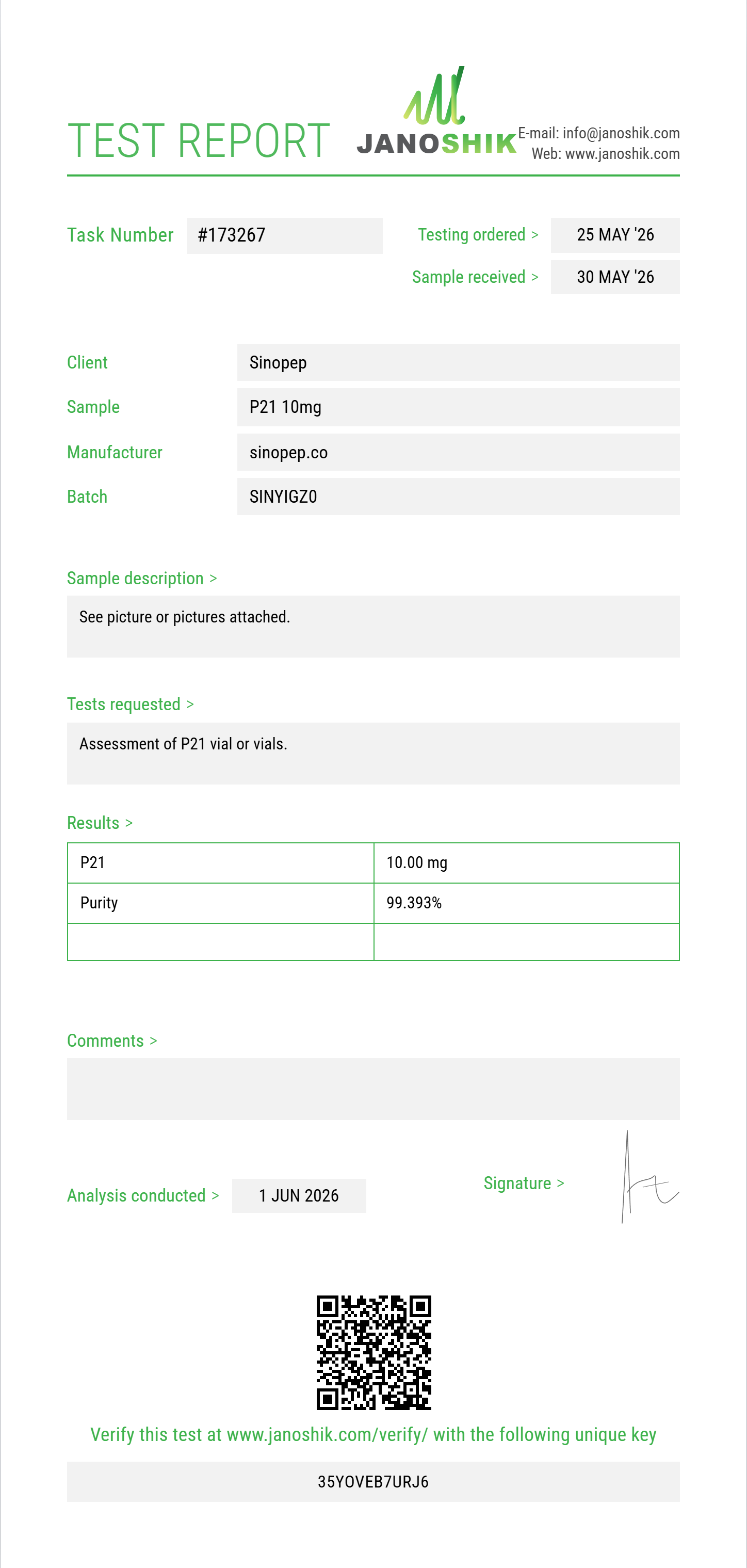 P21 Purity (HPLC) report by Janoshik Analytical