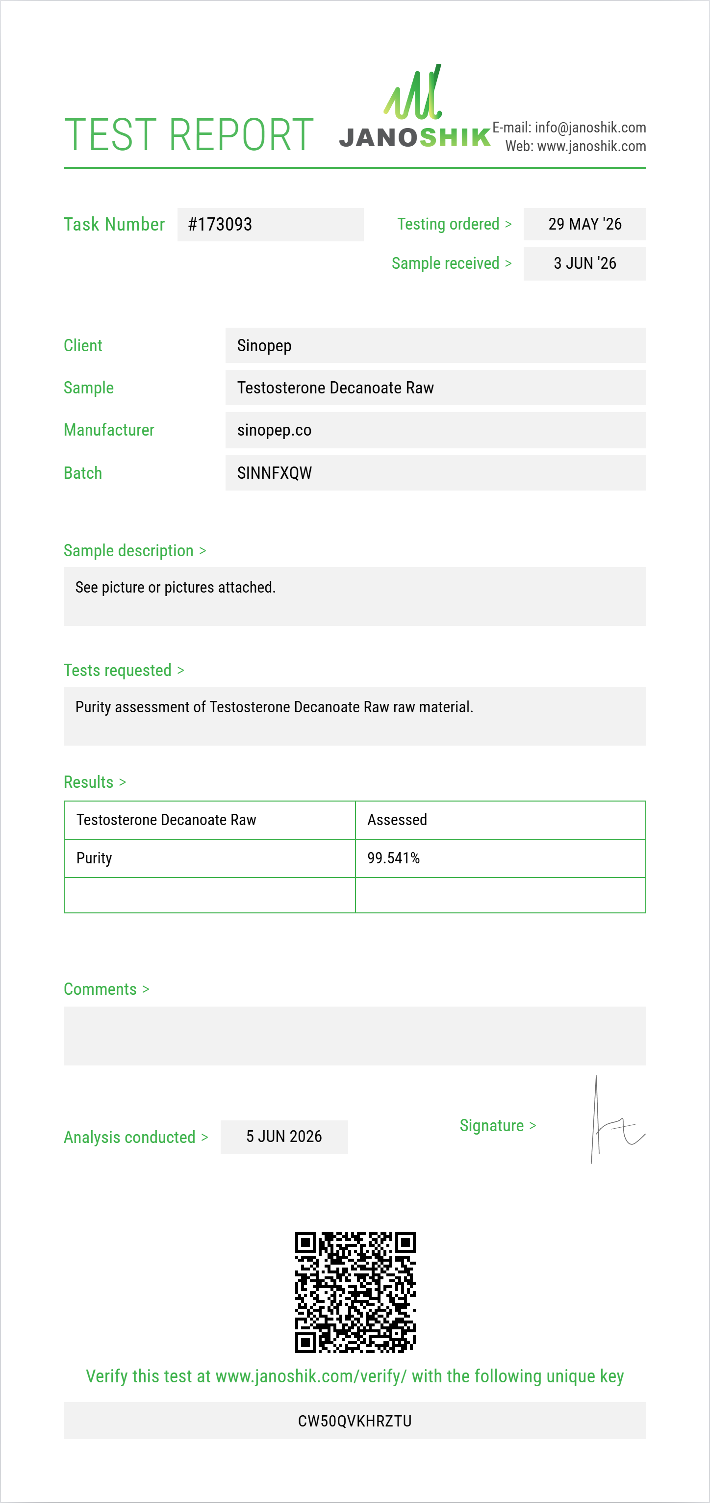 Testosterone Decanoate Raw Purity (HPLC) report by Janoshik Analytical