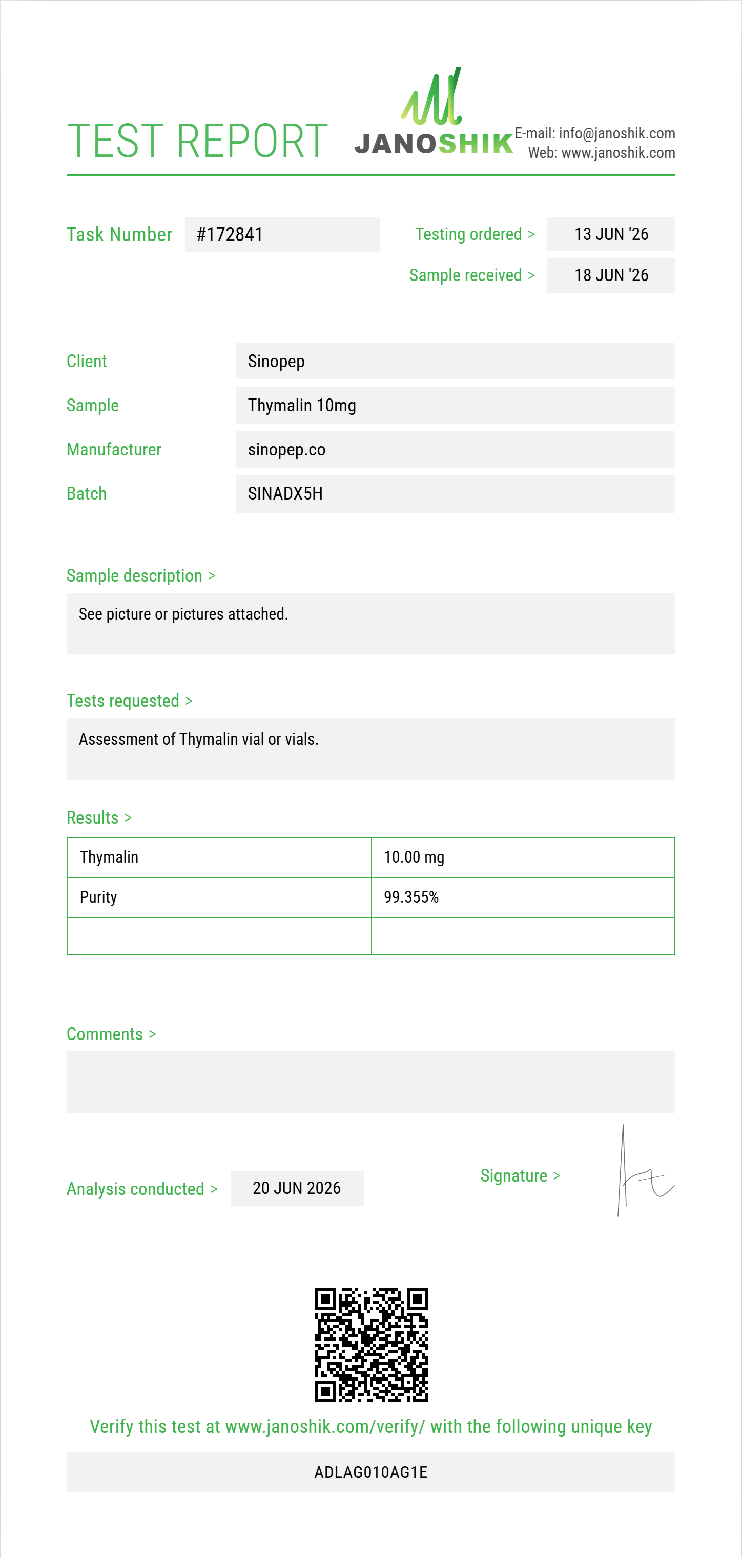 Thymalin Purity (HPLC) report by Janoshik Analytical