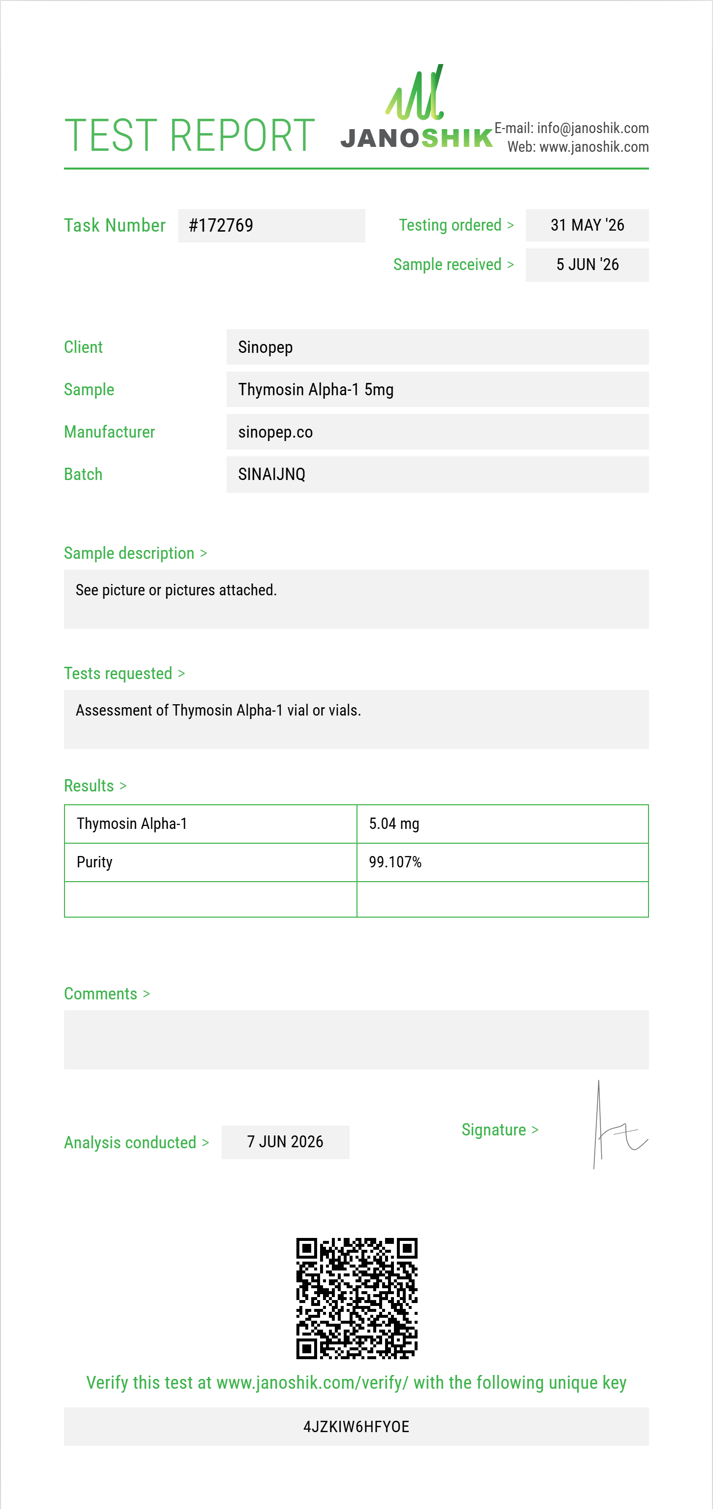Thymosin Alpha-1 Purity (HPLC) report by Janoshik Analytical