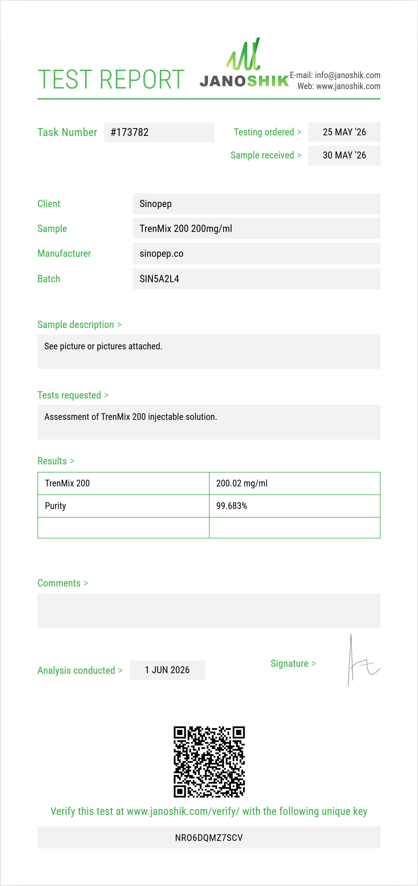 TrenMix 200 Purity (HPLC) report by Janoshik Analytical