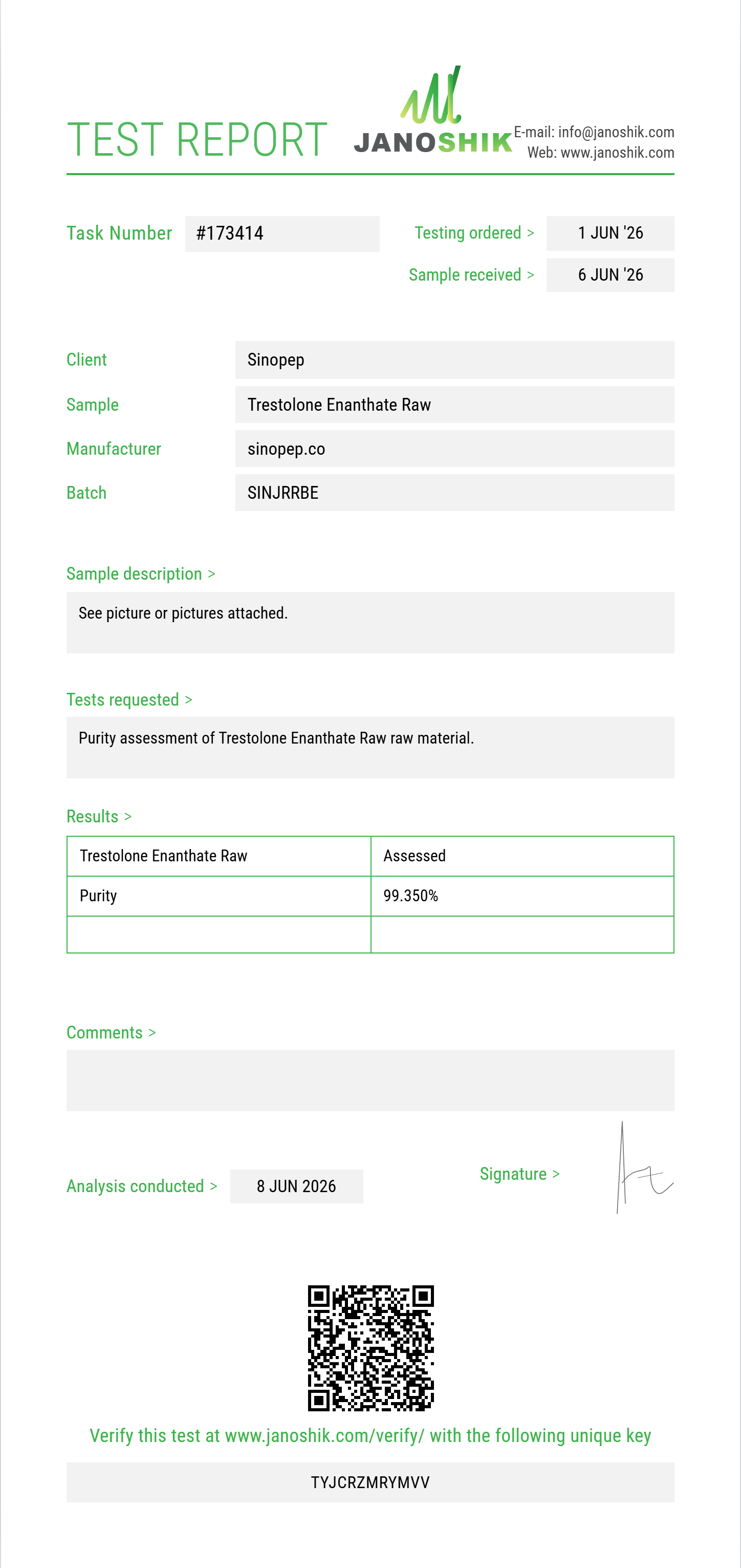 Trestolone Enanthate Raw Purity (HPLC) report by Janoshik Analytical