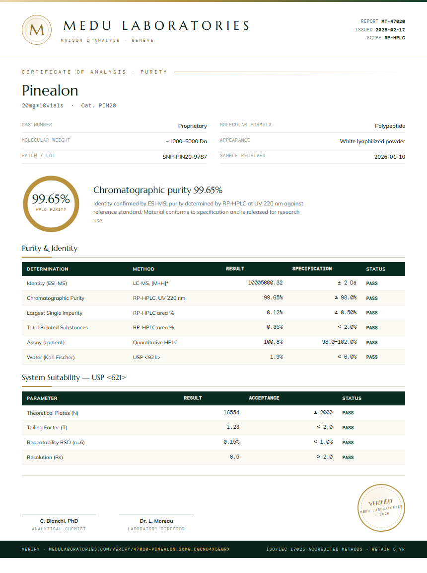 Pinealon Purity Test Report by Medu Laboratories