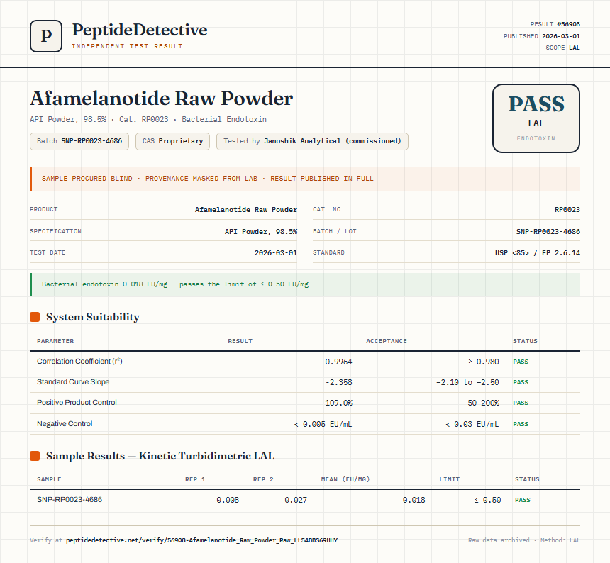 Afamelanotide Raw Powder Endotoxin report by PeptideDetective