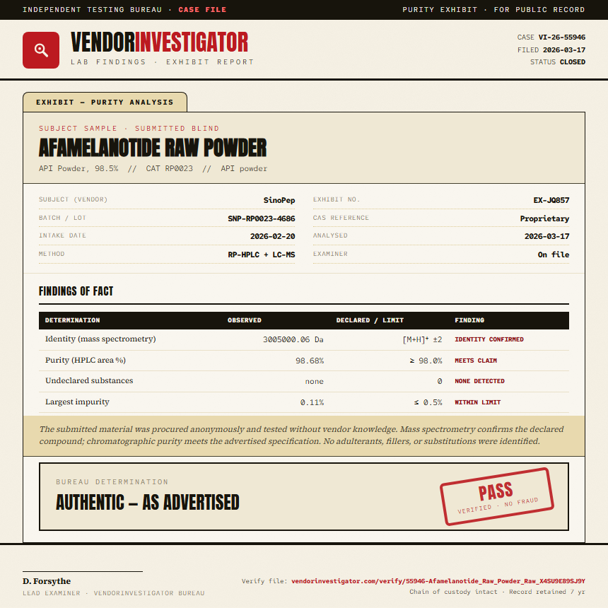 Afamelanotide Raw Powder Purity (HPLC) report by VendorInvestigator