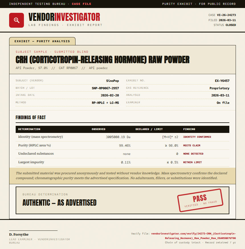 CRH (Corticotropin-Releasing Hormone) Raw Powder Purity (HPLC) report by VendorInvestigator