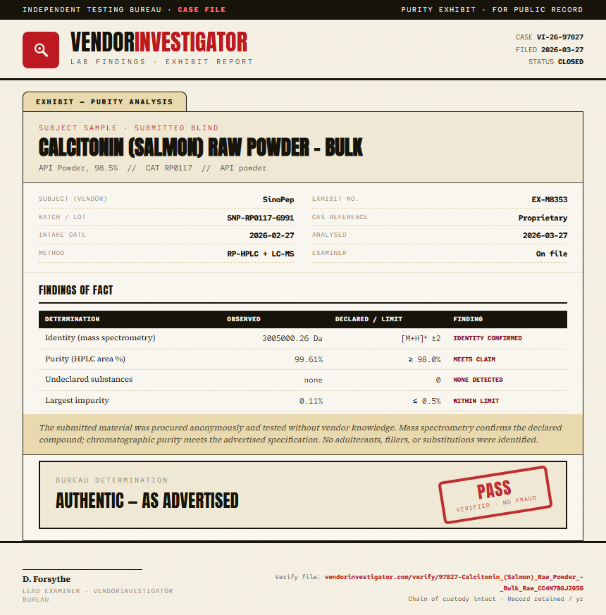 Calcitonin (Salmon) Raw Powder - Bulk Purity (HPLC) report by VendorInvestigator
