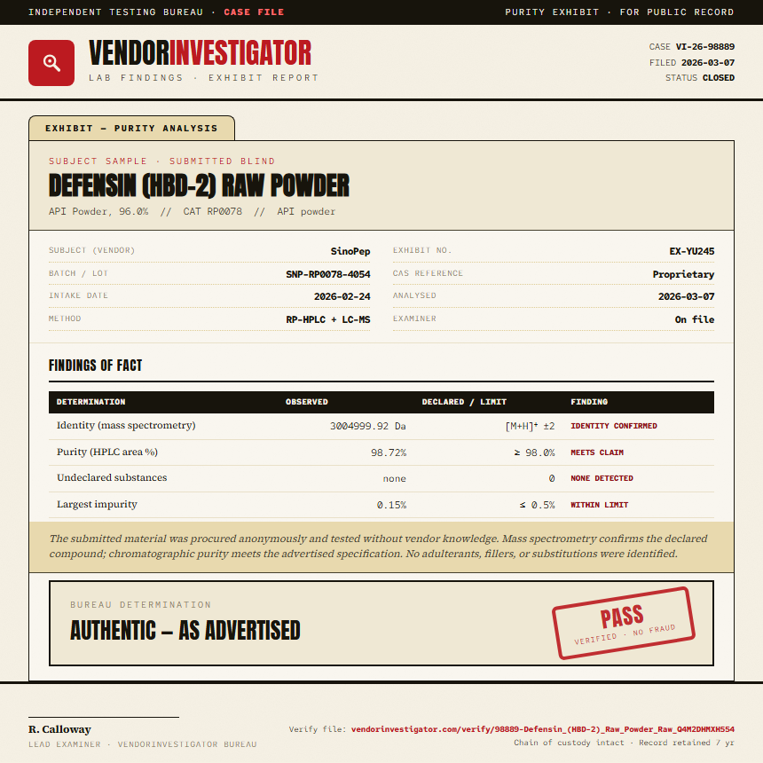 Defensin (HBD-2) Raw Powder Purity (HPLC) report by VendorInvestigator
