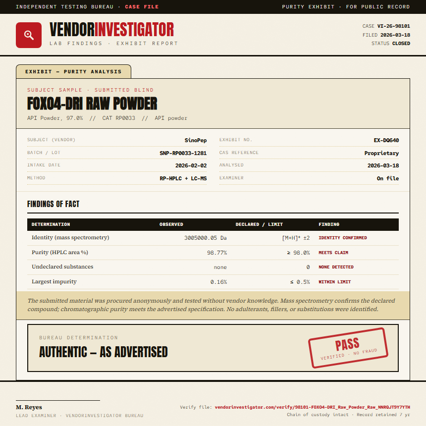 FOXO4-DRI Raw Powder Purity (HPLC) report by VendorInvestigator