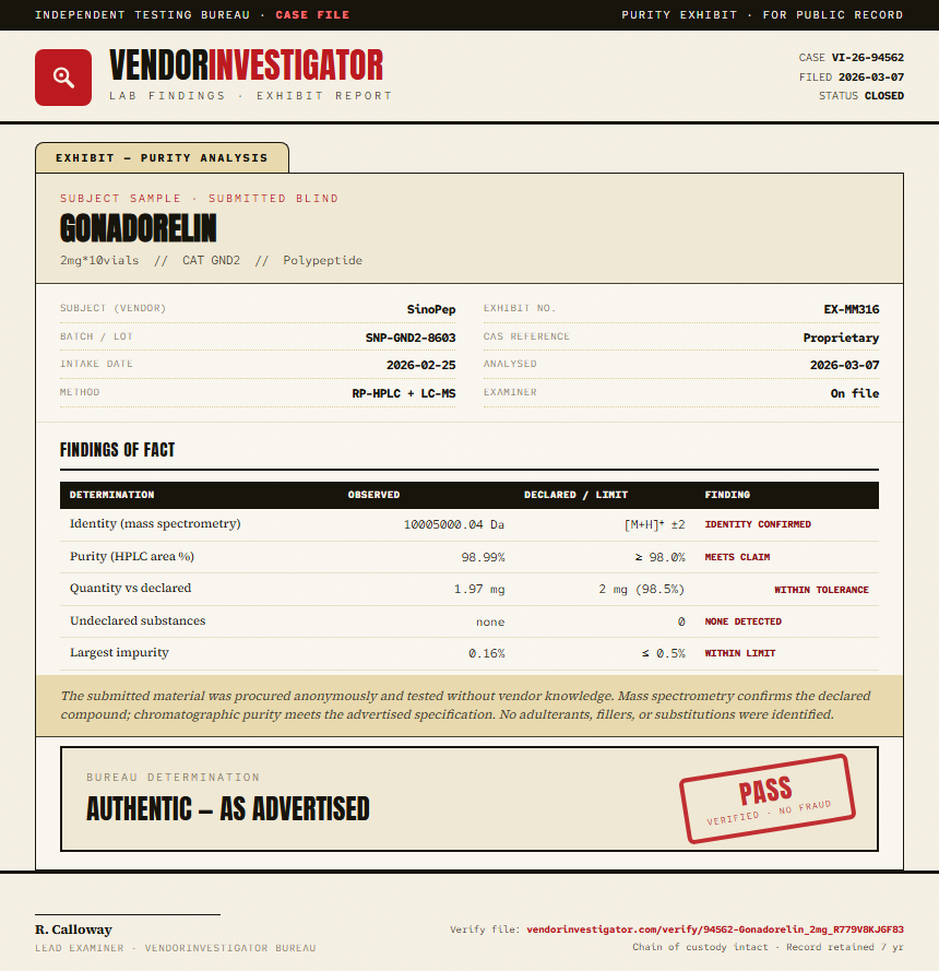 Gonadorelin Purity (HPLC) report by VendorInvestigator