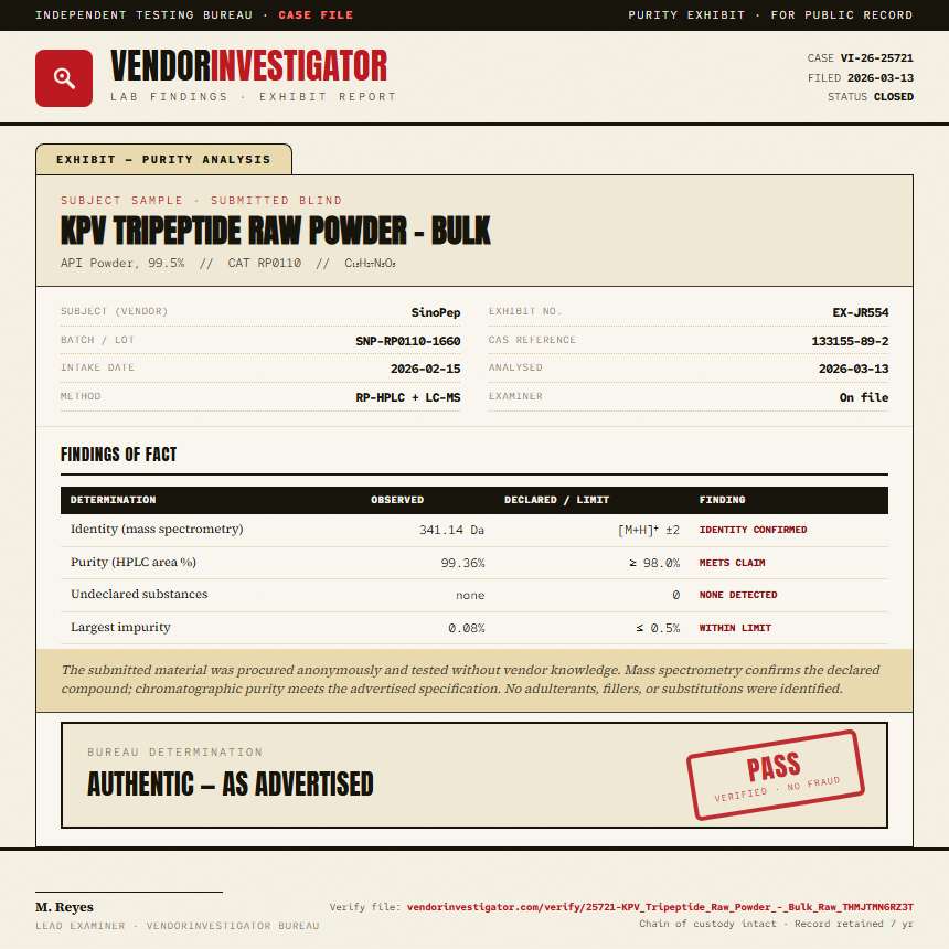 KPV Tripeptide Raw Powder - Bulk Purity (HPLC) report by VendorInvestigator