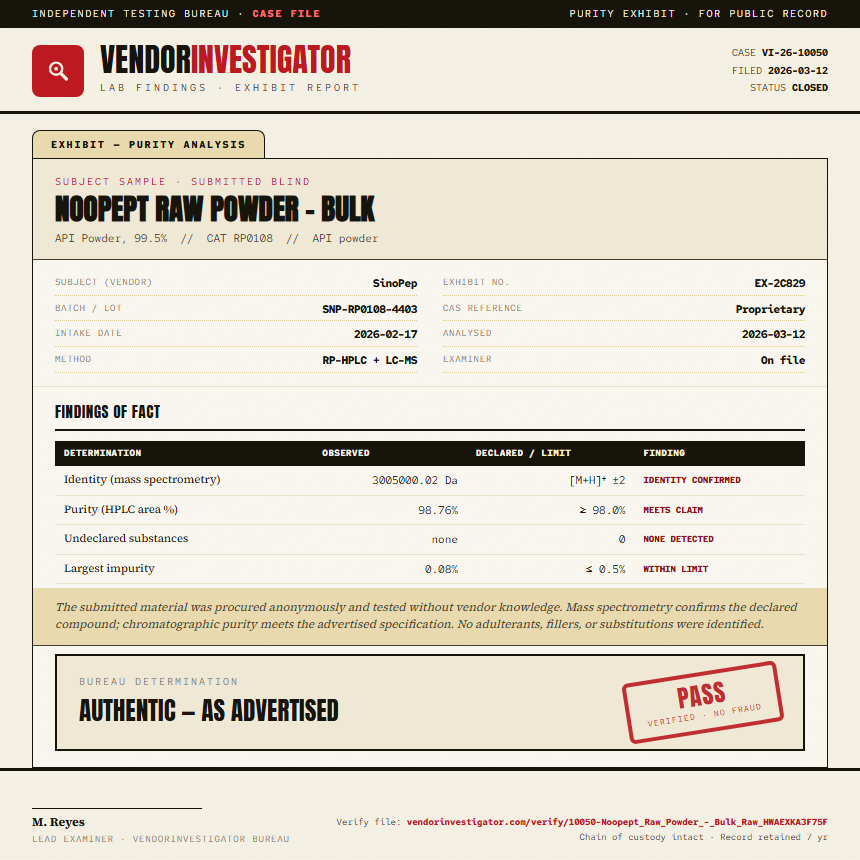 Noopept Raw Powder - Bulk Purity (HPLC) report by VendorInvestigator