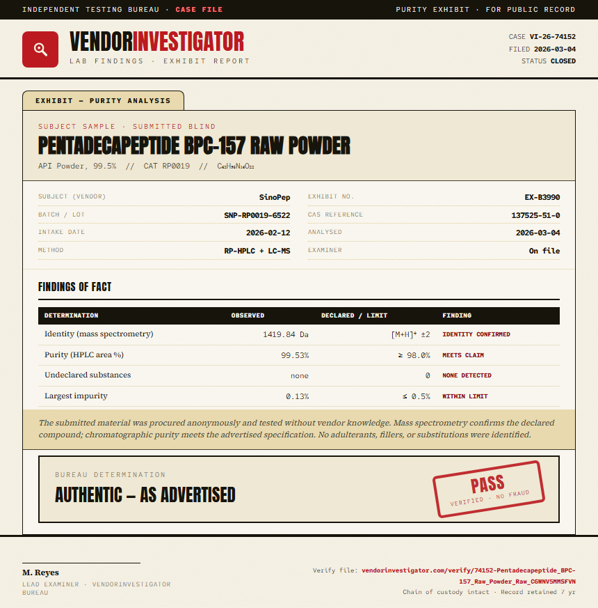 Pentadecapeptide BPC-157 Raw Powder Purity (HPLC) report by VendorInvestigator