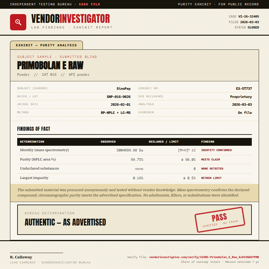 Primobolan E Raw Purity (HPLC) report by VendorInvestigator
