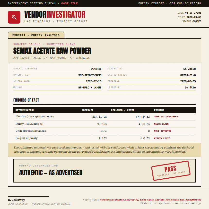 Semax Acetate Raw Powder Purity (HPLC) report by VendorInvestigator
