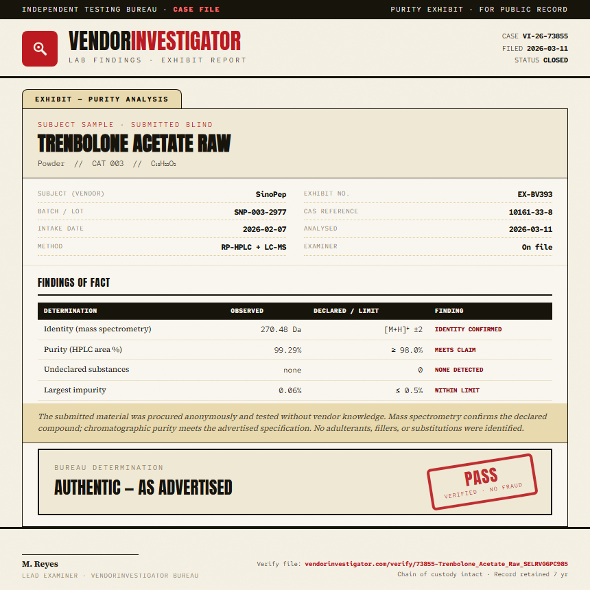 Trenbolone Acetate Raw Purity (HPLC) report by VendorInvestigator