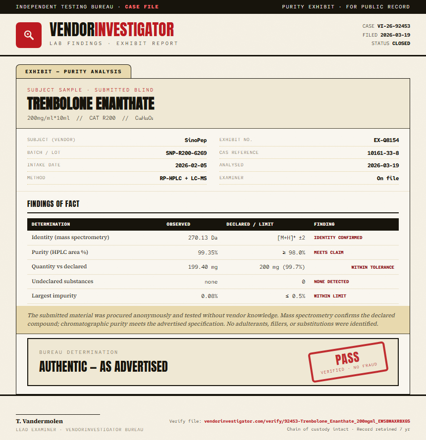 Trenbolone Enanthate Purity (HPLC) report by VendorInvestigator