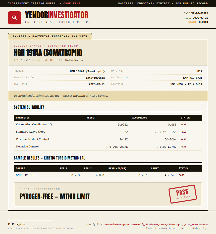 HGH 191AA (Somatropin) Endotoxin report by VendorInvestigator