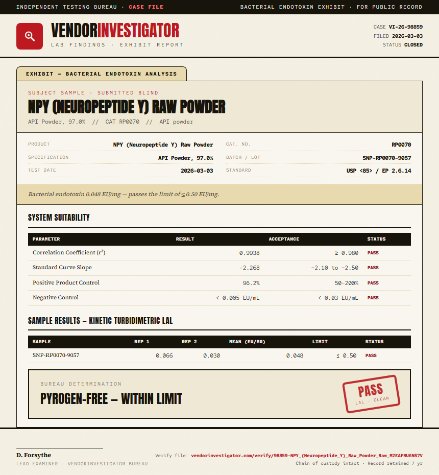 NPY (Neuropeptide Y) Raw Powder Endotoxin report by VendorInvestigator