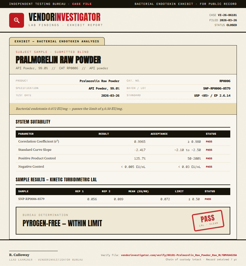 Pralmorelin Raw Powder Endotoxin report by VendorInvestigator
