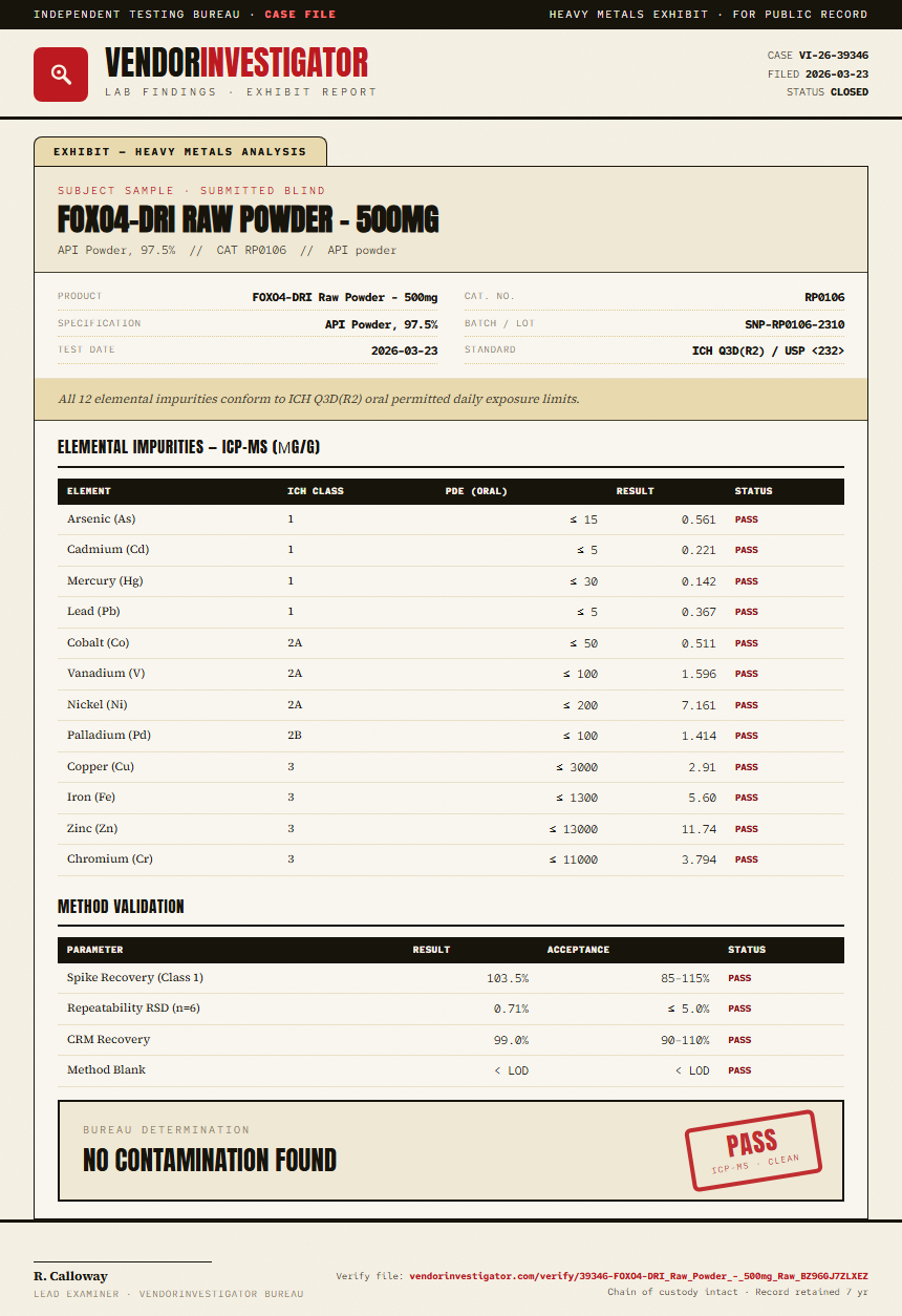 FOXO4-DRI Raw Powder - 500mg Heavy Metals report by VendorInvestigator